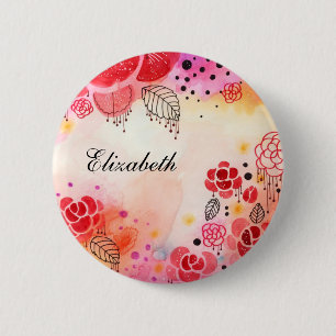 Macaron Rond 5 Cm Bouton Nom personnalisé Blooms rouges