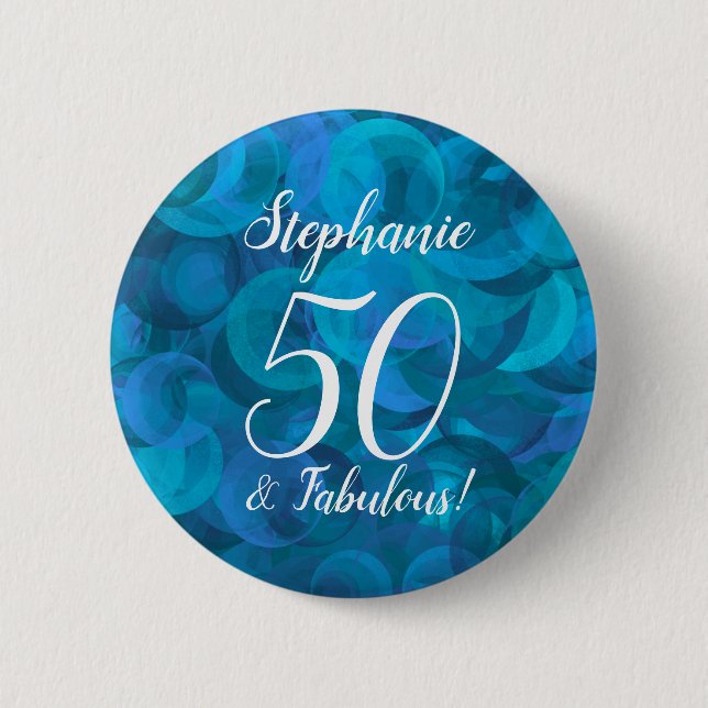 Macaron Rond 5 Cm Bouton Ocean Blue 50 et fabuleux fête d'anniversai (Devant)