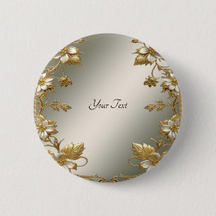 Macaron Rond 5 Cm Bouton Orné Floral Blanc Or