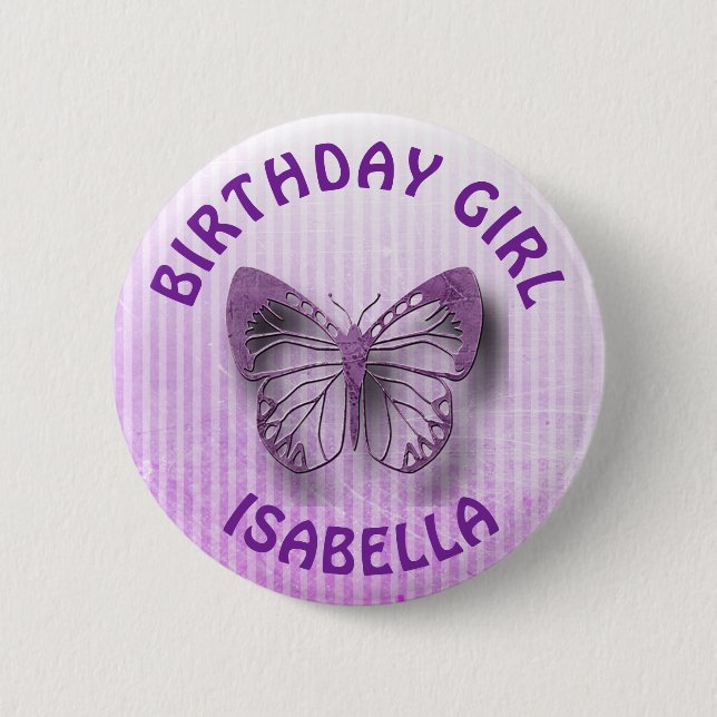 Macaron Rond 5 Cm Bouton papillon d'anniversaire personnalisé violet (Devant)