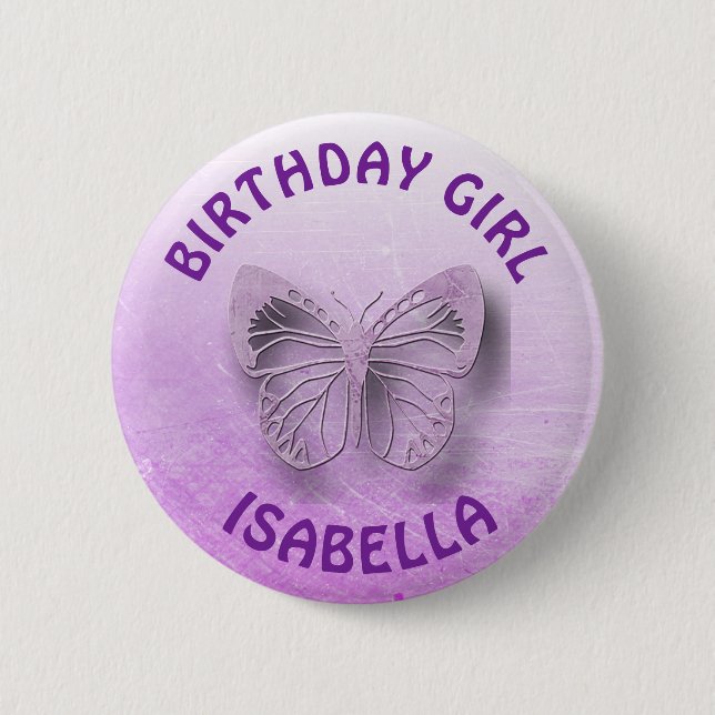 Macaron Rond 5 Cm Bouton papillon d'anniversaire personnalisé violet (Devant)