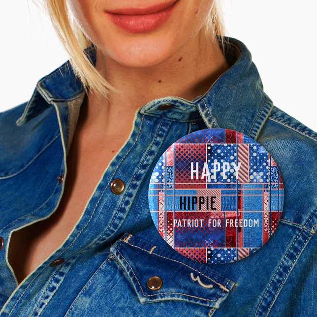 Macaron Rond 5 Cm Bouton Patchwork Jeans bleu Patriot personnalisé (Button featuring a modern abstract design with blue jeans and red white and blue USA flag colors)