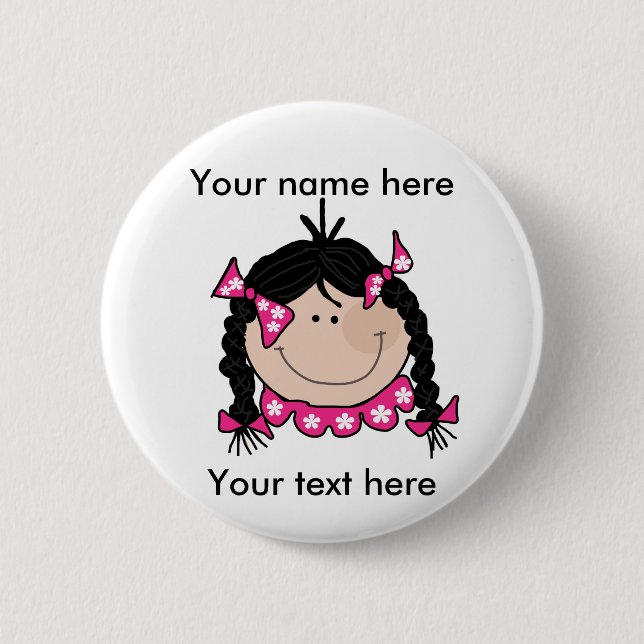 Macaron Rond 5 Cm Bouton personnalisable de fille de cheveux noirs (Devant)