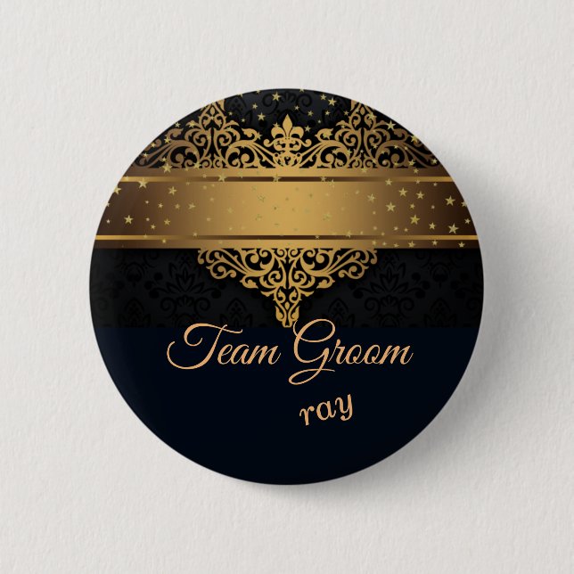 Macaron Rond 5 Cm Bouton personnalisé Black and Gold Team Groom (Devant)