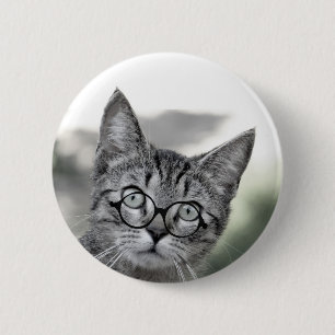 Macaron Rond 5 Cm Bouton Personnalisé Gris Chat avec Lunettes