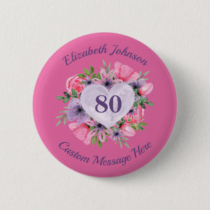 Macaron Rond 5 Cm Bouton personnalisé rose 80e anniversaire