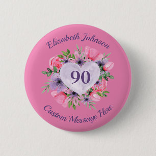 Macaron Rond 5 Cm Bouton personnalisé rose 90e anniversaire