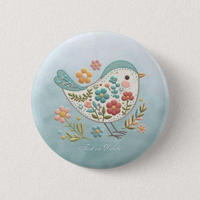 Macaron Rond 5 Cm Bouton Petite Oiseau bleu rose Fleurs (Devant)