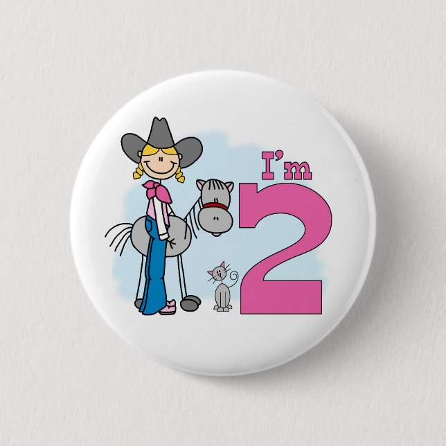 Macaron Rond 5 Cm Bouton Pinback Stick Cowgirl 2nd Birthday (Devant)