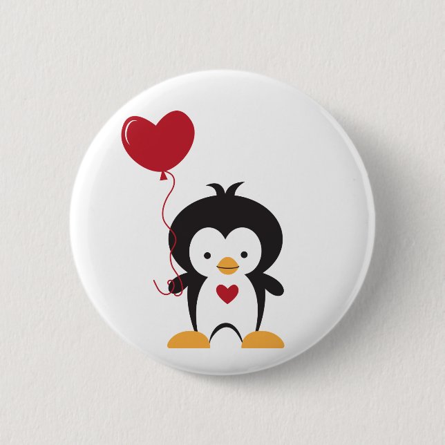 Macaron Rond 5 Cm Bouton Pingouin mignon et ballon coeur (Devant)