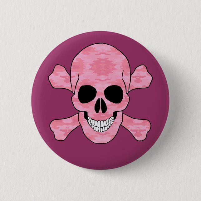Macaron Rond 5 Cm Bouton Pink Camouflage Et Crâne Crossbones (Devant)