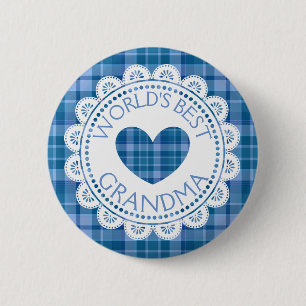 Macaron Rond 5 Cm Bouton Plaid Bleu Meilleur Grand-Mère Du Monde