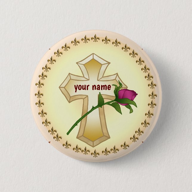 Macaron Rond 5 Cm Bouton Rose Christian Cross (Devant)