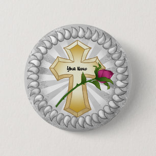 Macaron Rond 5 Cm Bouton rose Christian Cross