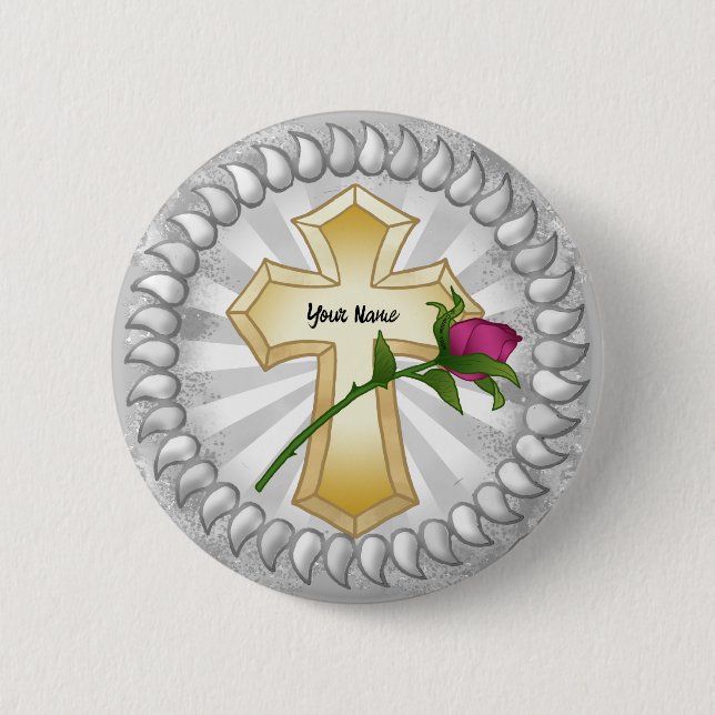 Macaron Rond 5 Cm Bouton rose Christian Cross (Devant)