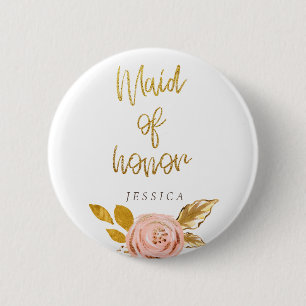 Macaron Rond 5 Cm Bouton rose or Parties scintillant florale servant