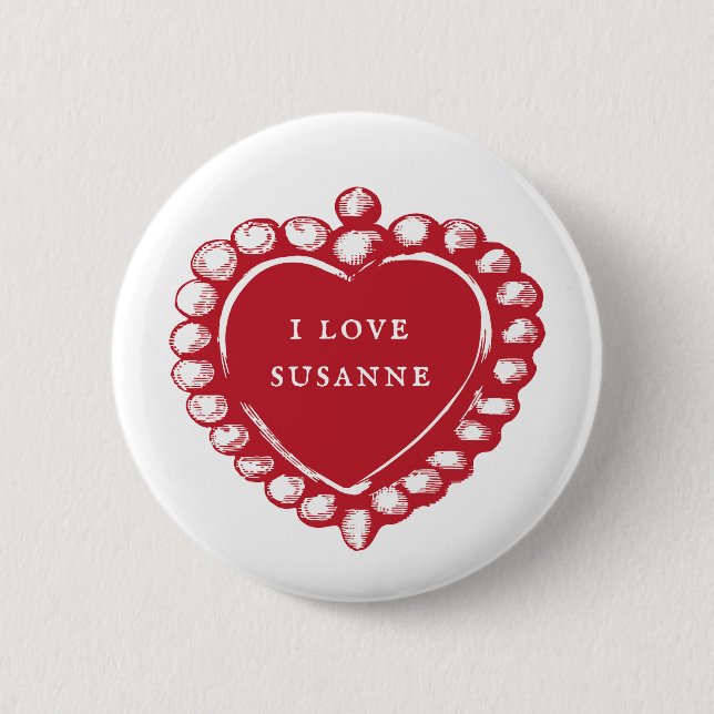 Macaron Rond 5 Cm Bouton Rouge Coeur Personnalisé Nom I Love (Devant)