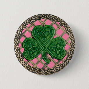 Macaron Rond 5 Cm Bouton shamrock Et Noeuds Celtiques Rose