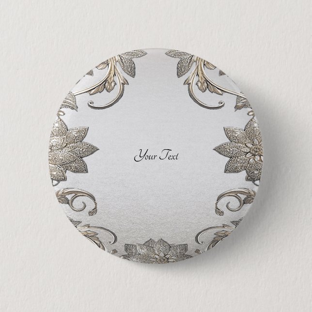 Macaron Rond 5 Cm Bouton Silver Gold Floral (Devant)
