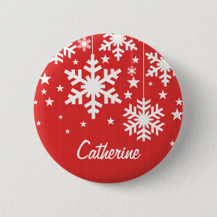 Macaron Rond 5 Cm Bouton Snowflakes et Stars, Rouge