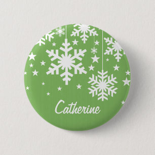 Macaron Rond 5 Cm Bouton Snowflakes et Stars, Vert