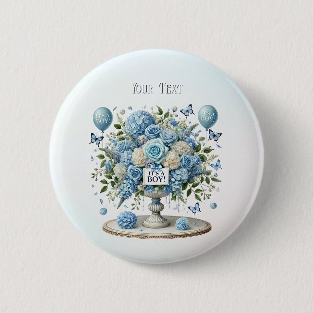 Macaron Rond 5 Cm Bouton Vase Floral Blanc Bleu (Devant)