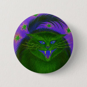 Macaron Rond 5 Cm Bouton vert de chat effrayant