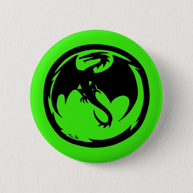 Macaron Rond 5 Cm Bouton vert Dragon noir (Devant)