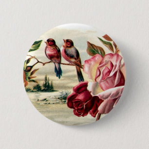 Macaron Rond 5 Cm Bouton vintage de roses d'oiseau