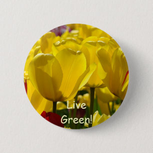 Macaron Rond 5 Cm Bouton Vivez Vert ! Jaune Tulipe Rouge Fleurs bout