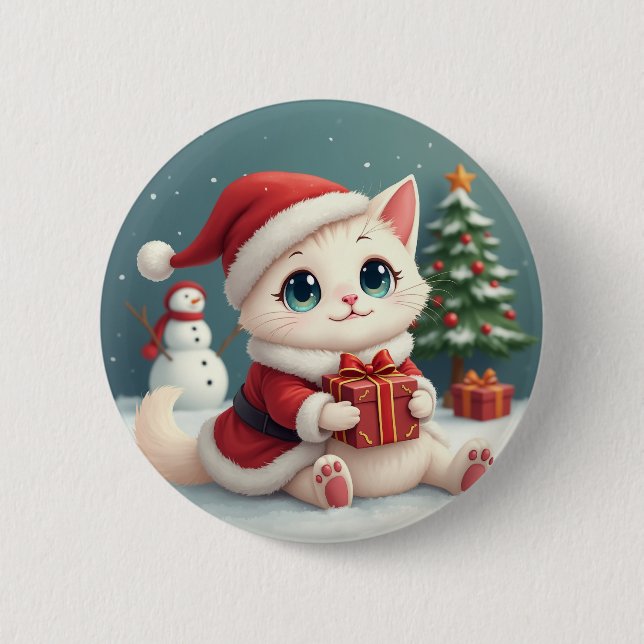 Macaron Rond 5 Cm Boutons blancs de chat de Noël (Devant)