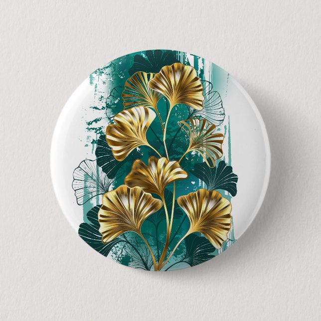 Macaron Rond 5 Cm Branche avec Feuilles d'or Ginko Biloba (Devant)