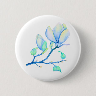 Macaron Rond 5 Cm Branche de Magnolia Aquarelle Bleu Vert Botanique