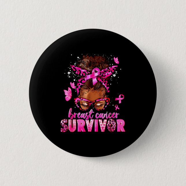 Macaron Rond 5 Cm Breast Cancer Awareness Survivor Black Women Melan (Devant)
