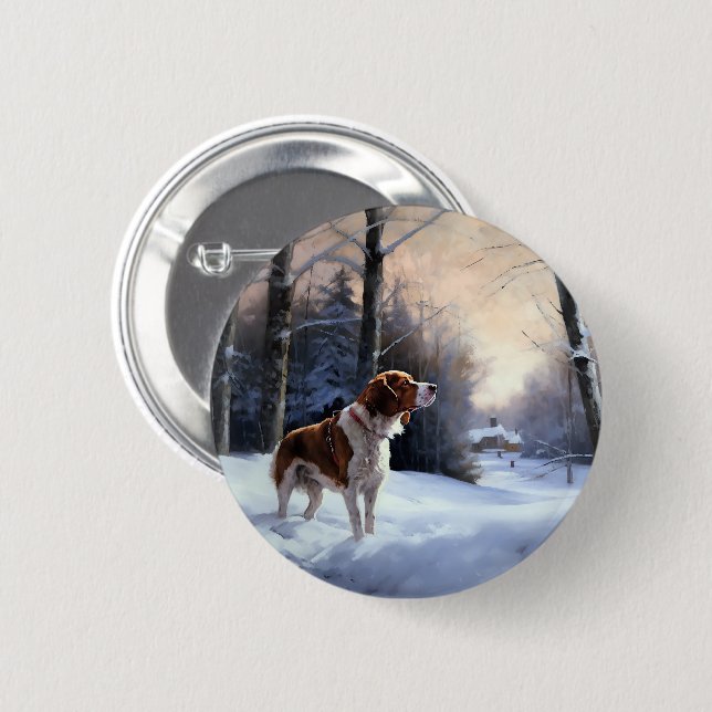Macaron Rond 5 Cm Brittany Spaniel Laissez Neige Noël (Devant & derrière)