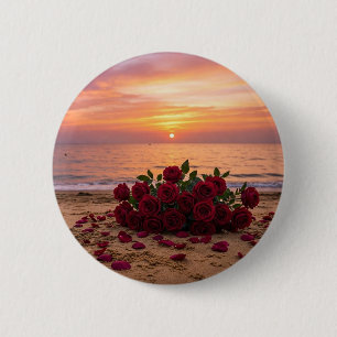 Macaron Rond 5 Cm Broche fleur rouge surplombant une plage