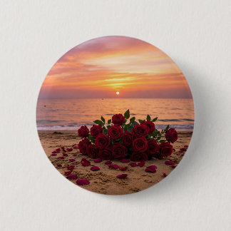 Macaron Rond 5 Cm Broche fleur rouge surplombant une plage