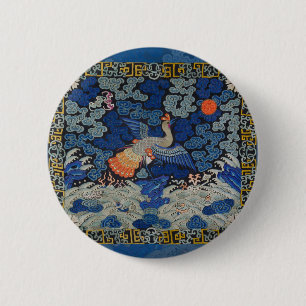 Macaron Rond 5 Cm Broderie chinoise bleu d'oiseau Vintage
