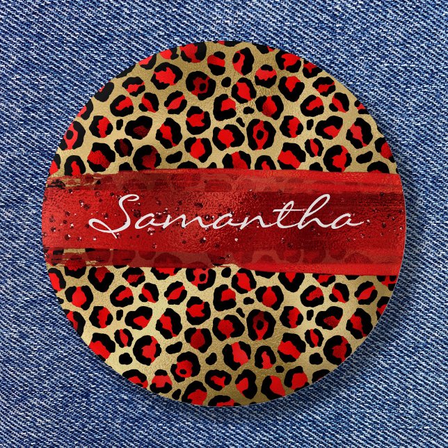 Macaron Rond 5 Cm Brosse léopard rouge et or (Red and Gold Foil Leopard Brush Stroke Button)