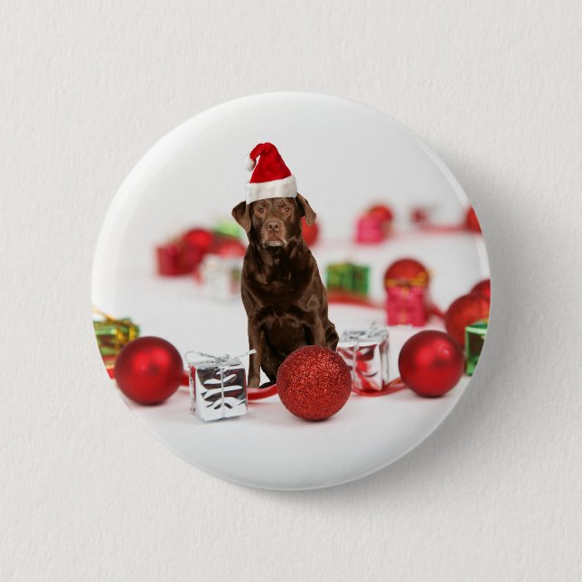 Macaron Rond 5 Cm Brown Labrador Chien Noël w Cadeaux Santa Hat (Devant)