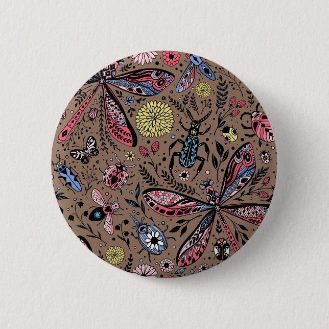 Macaron Rond 5 Cm Bugs de Doodle sur mocha brown (Devant)