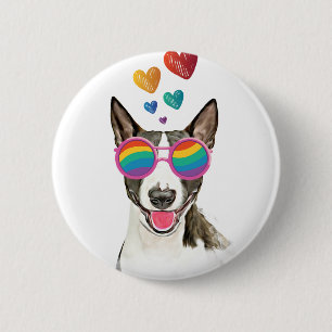Macaron Rond 5 Cm Bull Terrier Chien avec Coeurs Saint-Valentin