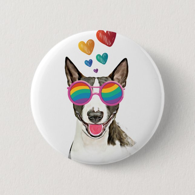 Macaron Rond 5 Cm Bull Terrier Chien avec Coeurs Saint-Valentin (Devant)