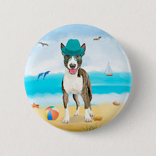 Macaron Rond 5 Cm Bull Terrier Dog sur la plage