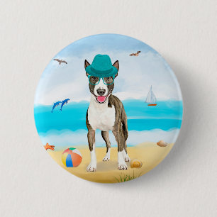 Macaron Rond 5 Cm Bull Terrier sur la plage