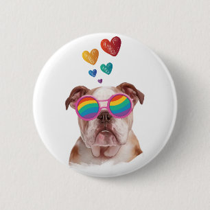 Macaron Rond 5 Cm Bulldog anglais avec des coeurs Saint-Valentin