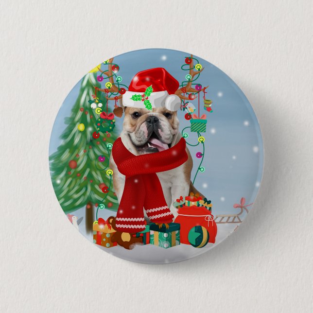 Macaron Rond 5 Cm Bulldog anglais en neige avec cadeaux de Noël (Devant)