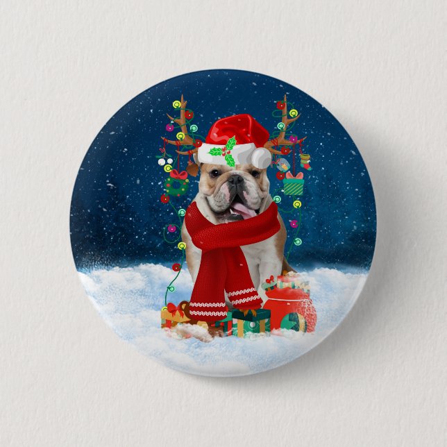 Macaron Rond 5 Cm Bulldog anglais en neige avec cadeaux de Noël (Devant)