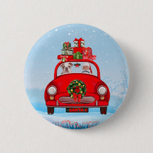 Macaron Rond 5 Cm Bulldog Anglais En Voiture Avec Le Père Noël