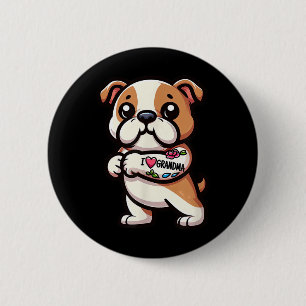 Macaron Rond 5 Cm Bulldog anglais J'aime grand-mère drôle chien tato
